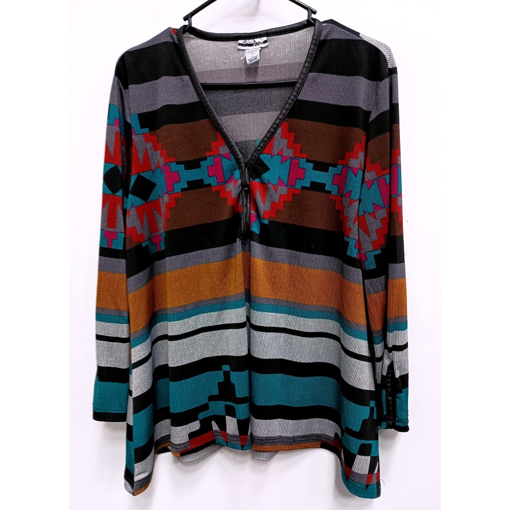 Mirror‎ Image BOHO Southwestern Tunic Top Womens Large Faux Leather Trim